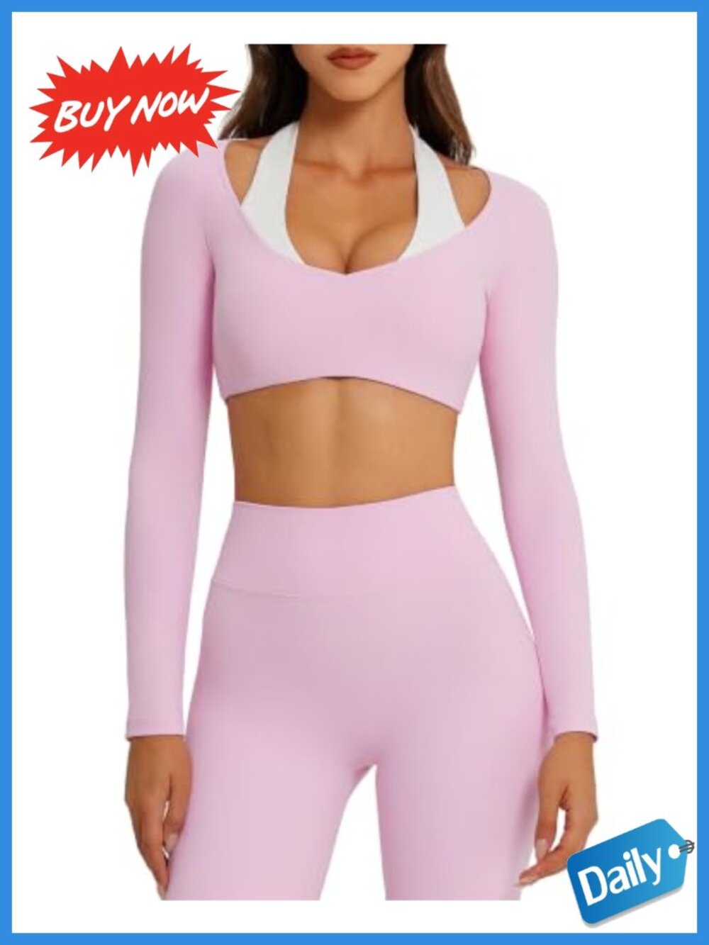 2 Piece Workout Set Long Sleeve Crop Top Sports Bra High Waist Leggings